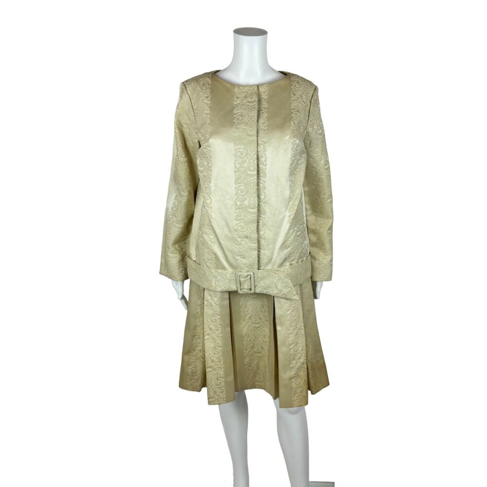 Vintage 60s Matching Set Womens Medium White Chiffon Cream Jacquard Dress Jacket
